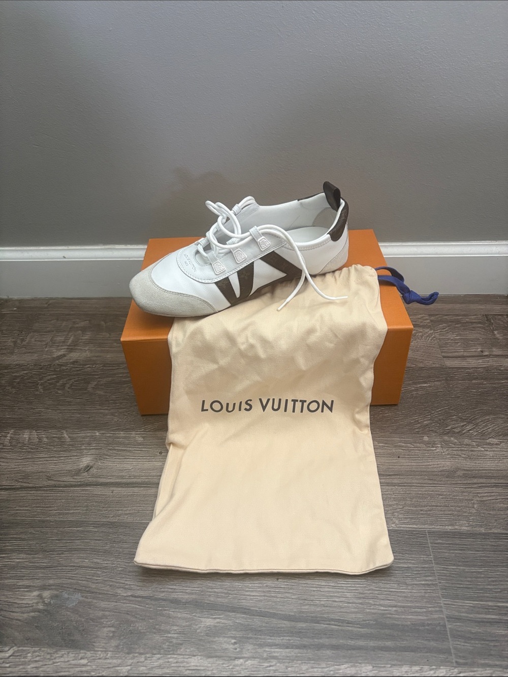 Louis Vuitton White and Brown Logo Accent Sneakers - Picture 1 of 5